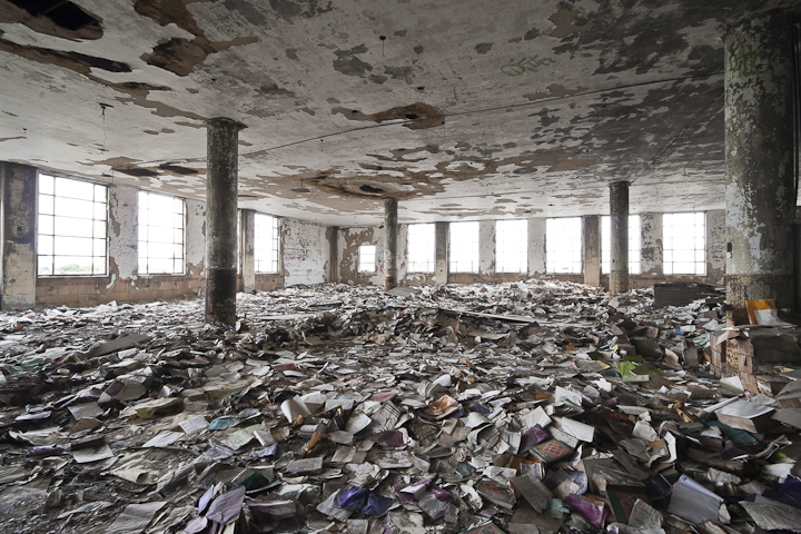 abandoned, building, books,